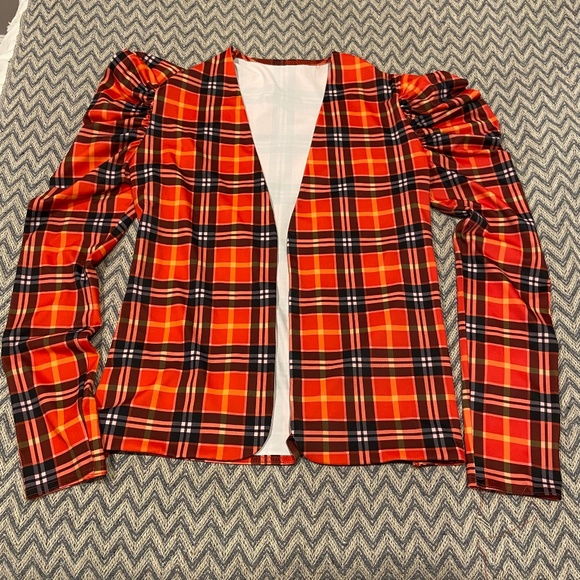 Kellé Plaid Jacket – Orange, Red & Blue, Puffy Shoulder, Adult Medium - Picture 1 of 5